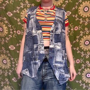 Blue patchwork denim print vest